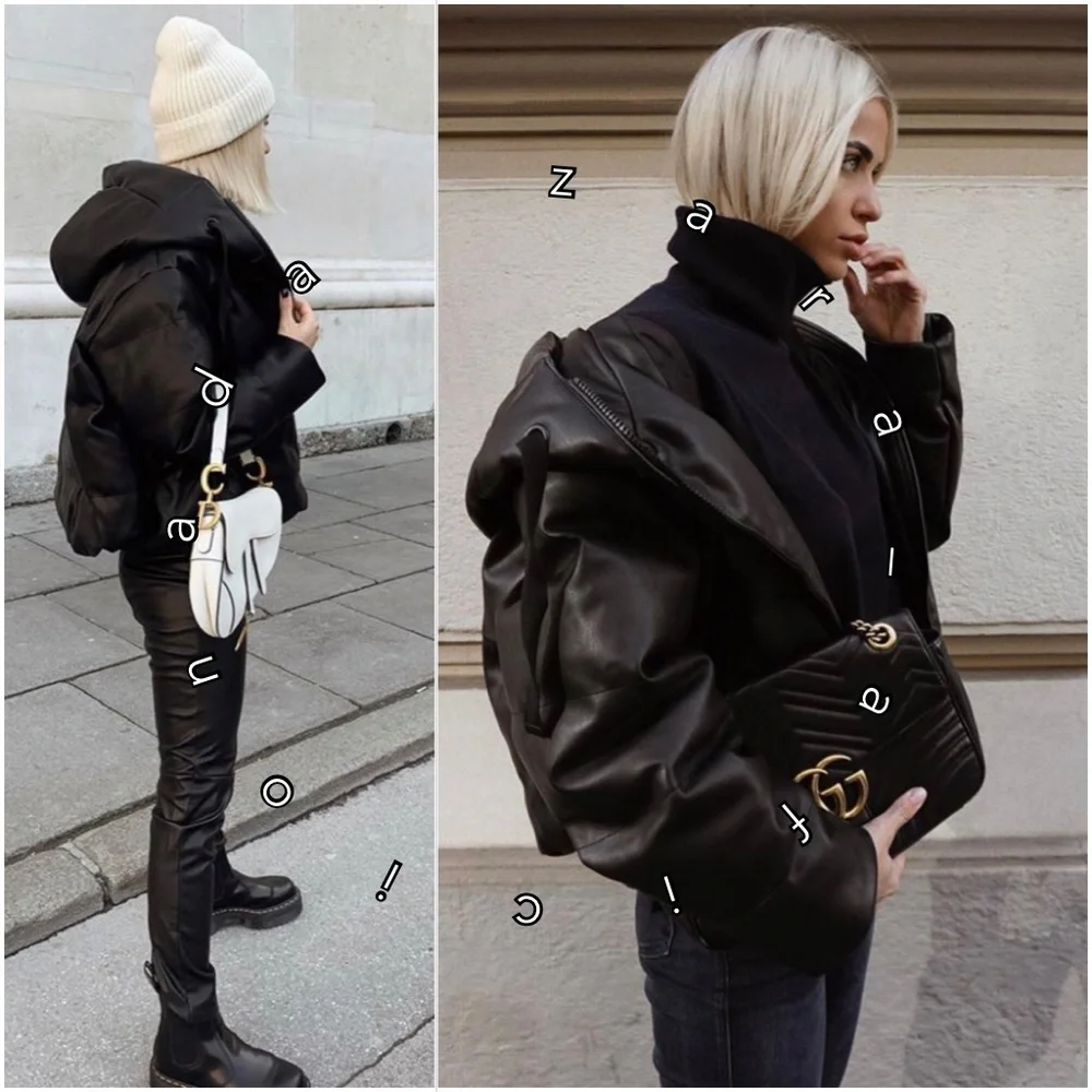 ZARA Black Faux Leather Puffer Jacket sz Medium